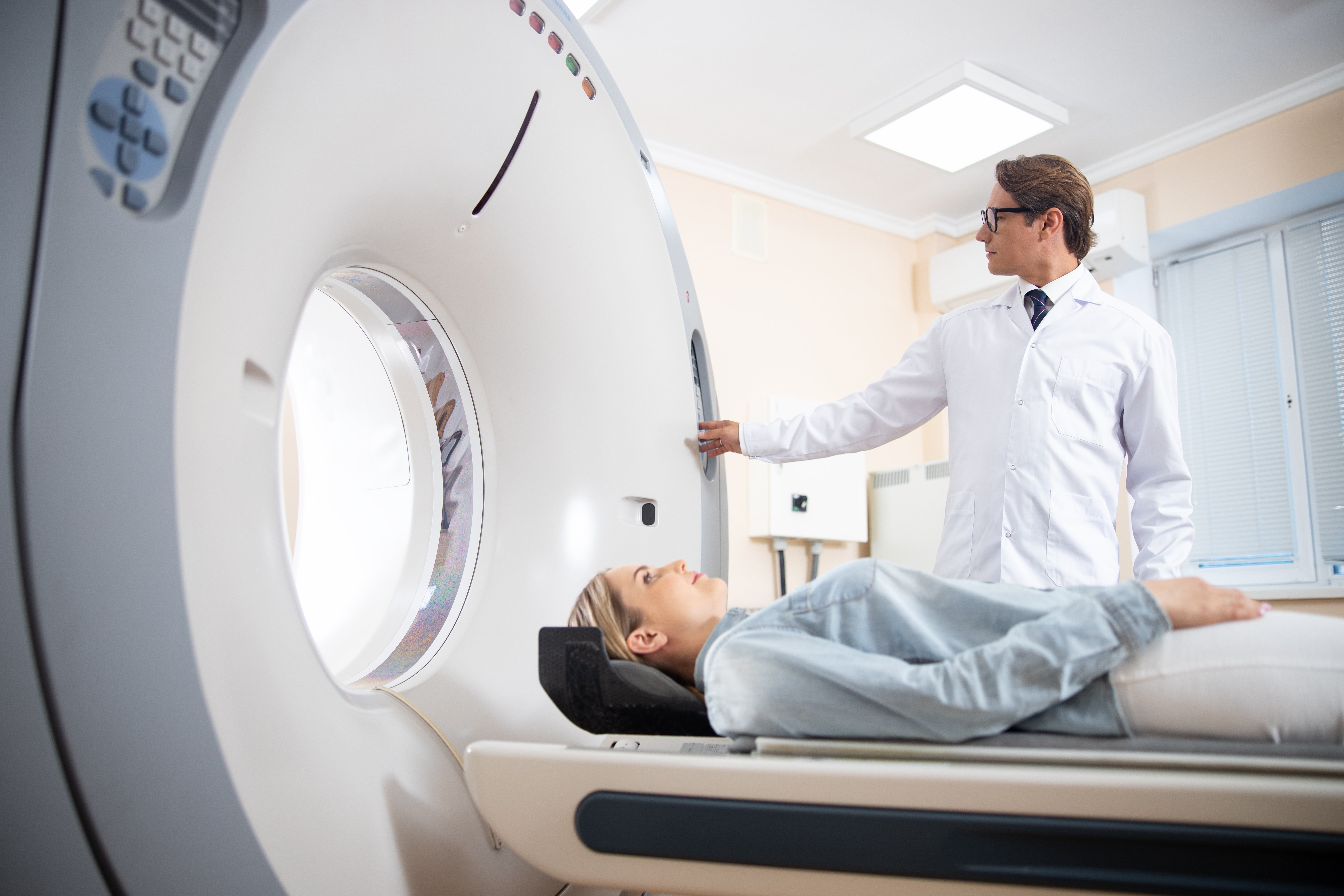 Woman receiving a CT scan at a hospital